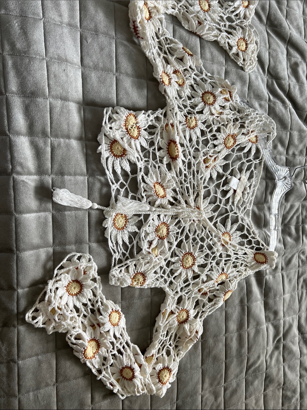Crochet Daisy Openwork Tie-Front Top - Cream with Yellow Accents